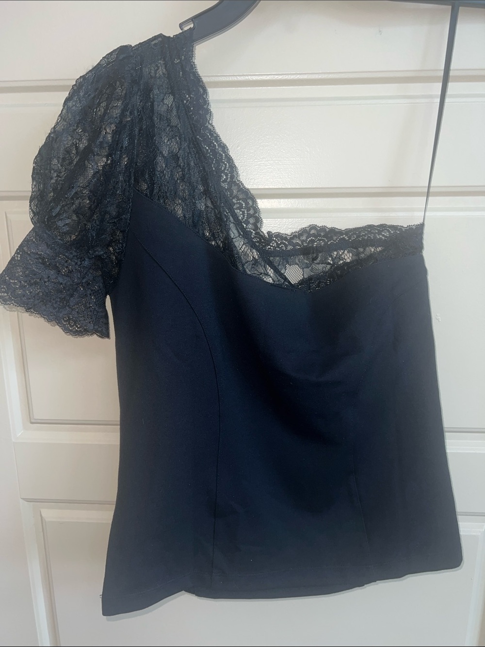 Anthropologie Maeve One-Shoulder Lace-Trimmed Top Black Sz M romantic - Picture 9 of 11